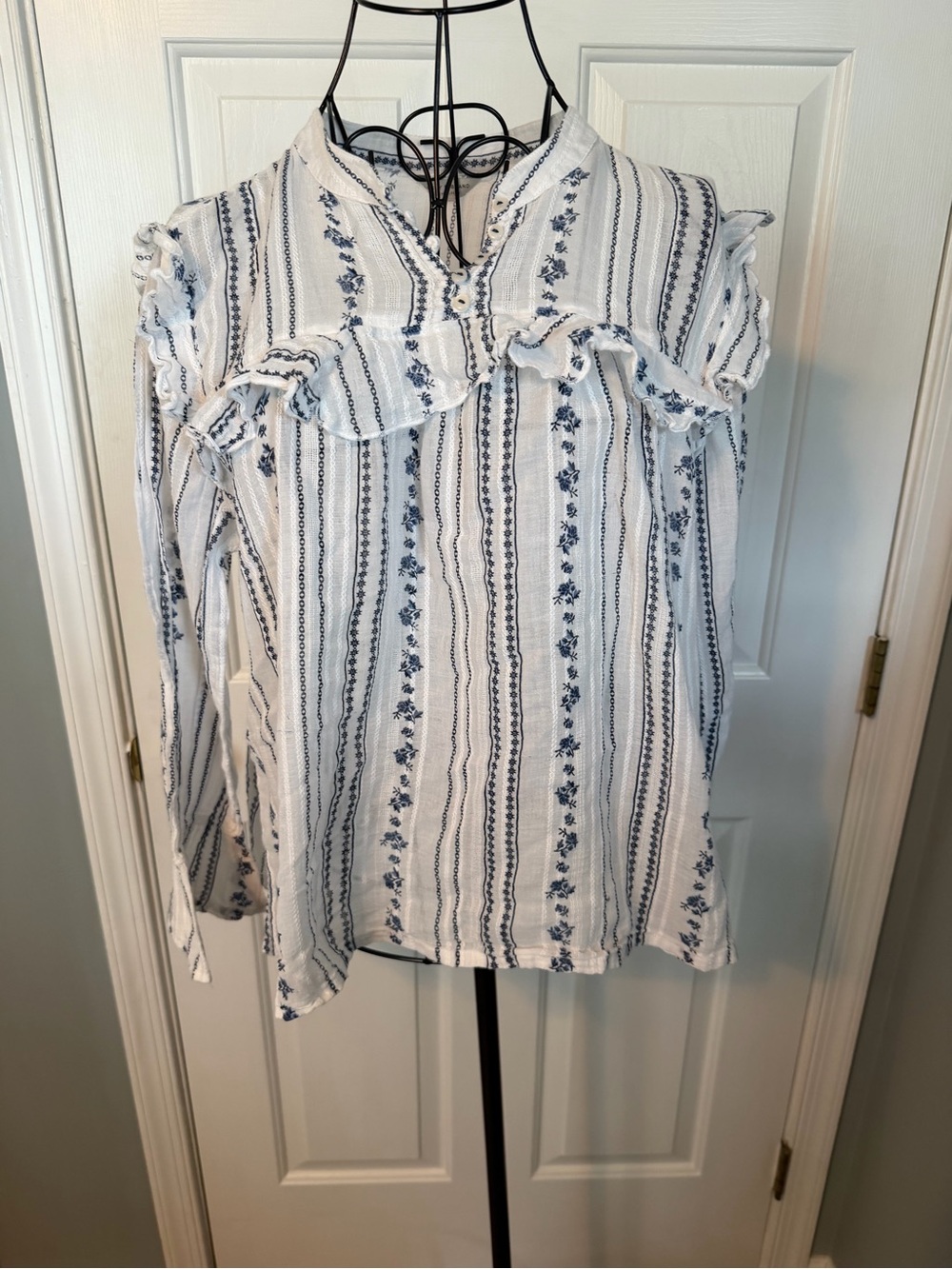 Lucky Brand White and Blue Striped Ruffle Blouse